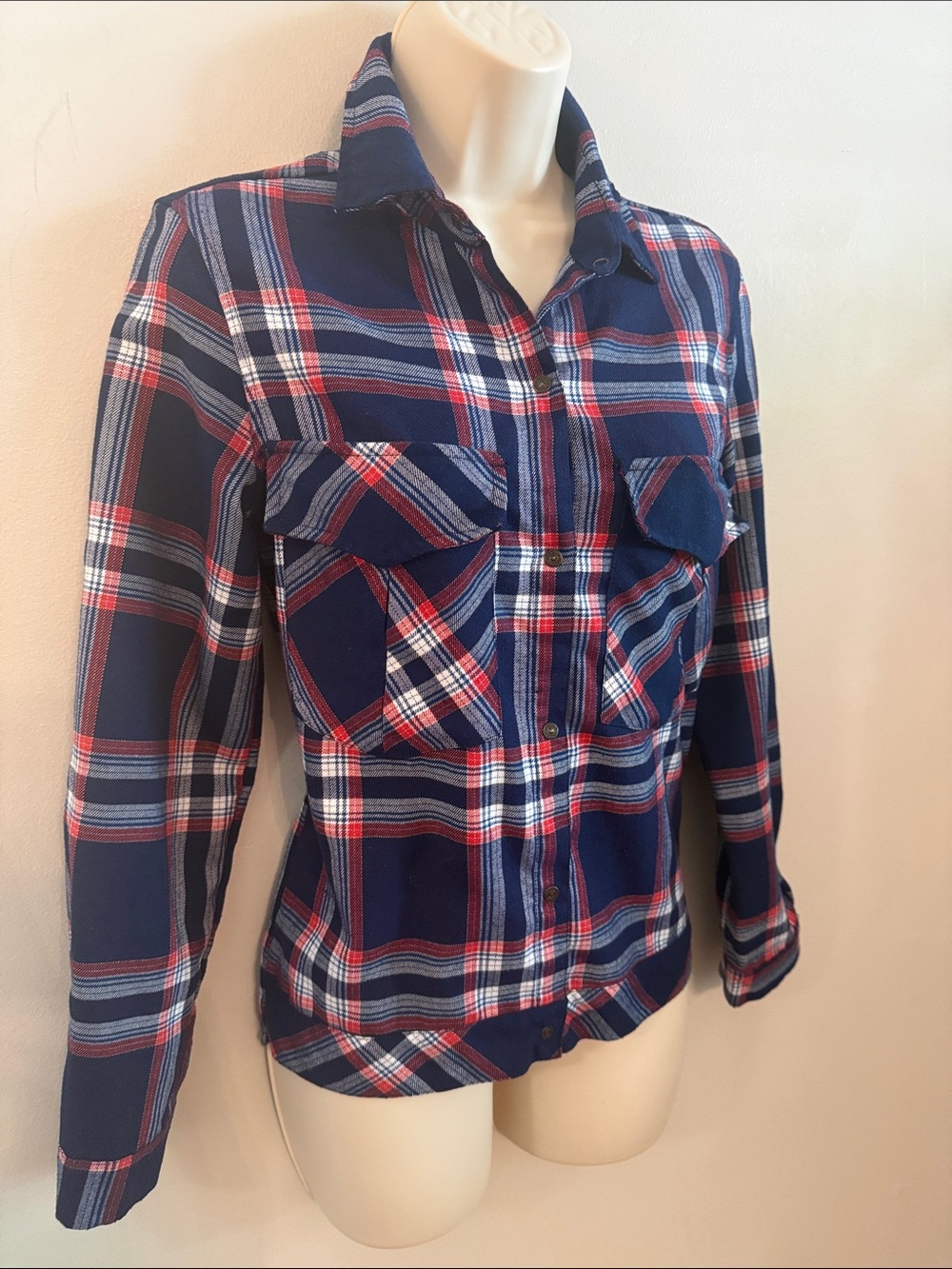 Women's Navy Plaid Button-Down Shirt - Red & White Accents